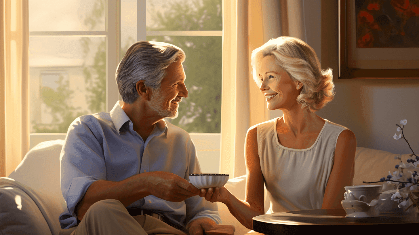 Retired couple discussing financial planning at home while drinking tea | Doyle Pension