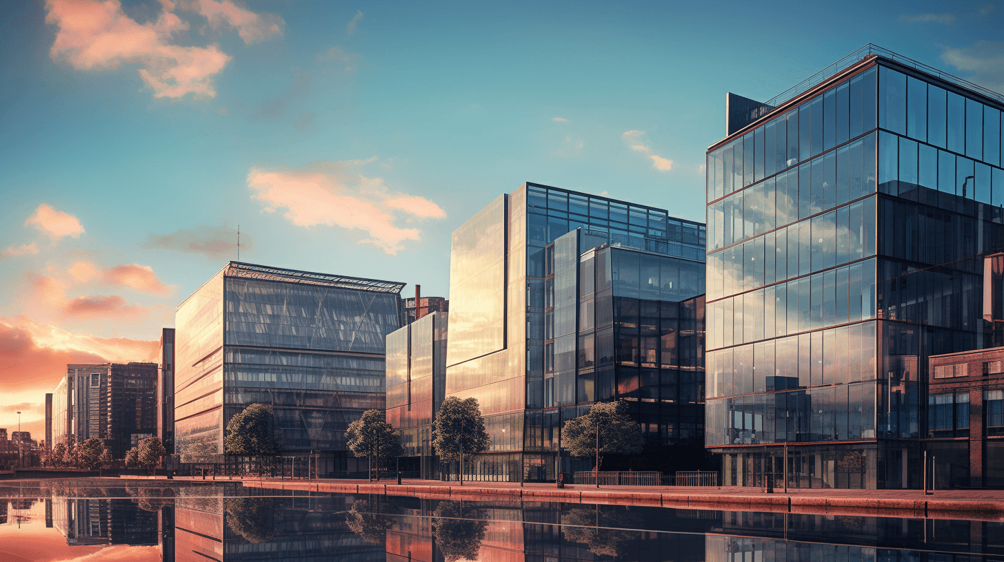 Office buildings along a river during sunrise | Doyle Pension